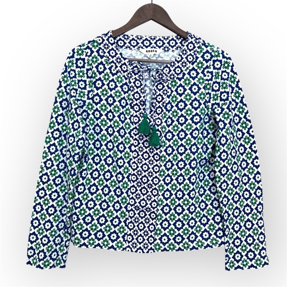 Boden Doublecloth Blouson sleeve 100%Cotton top, navy green and white, sz 6 NWOT - Picture 3 of 13